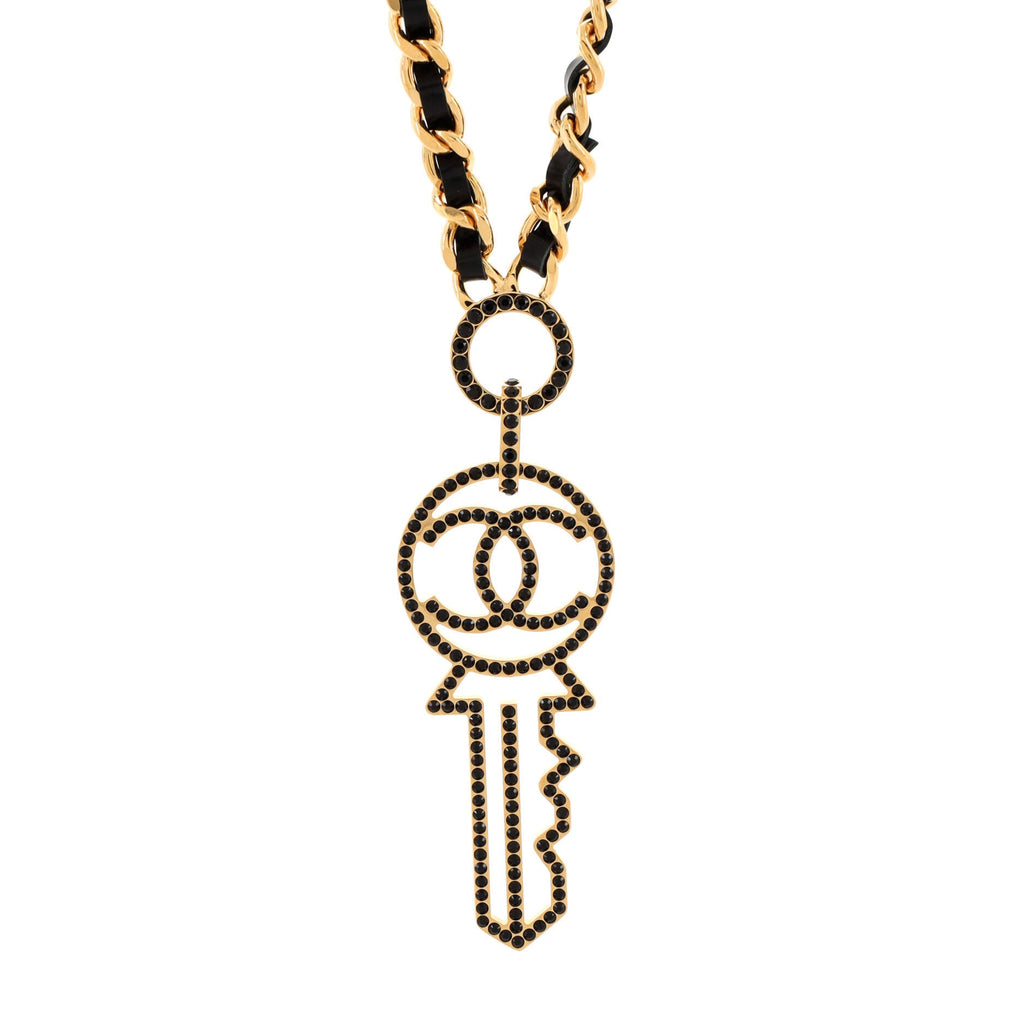 CC Key Pendant Necklace Metal with Leather and Crystals