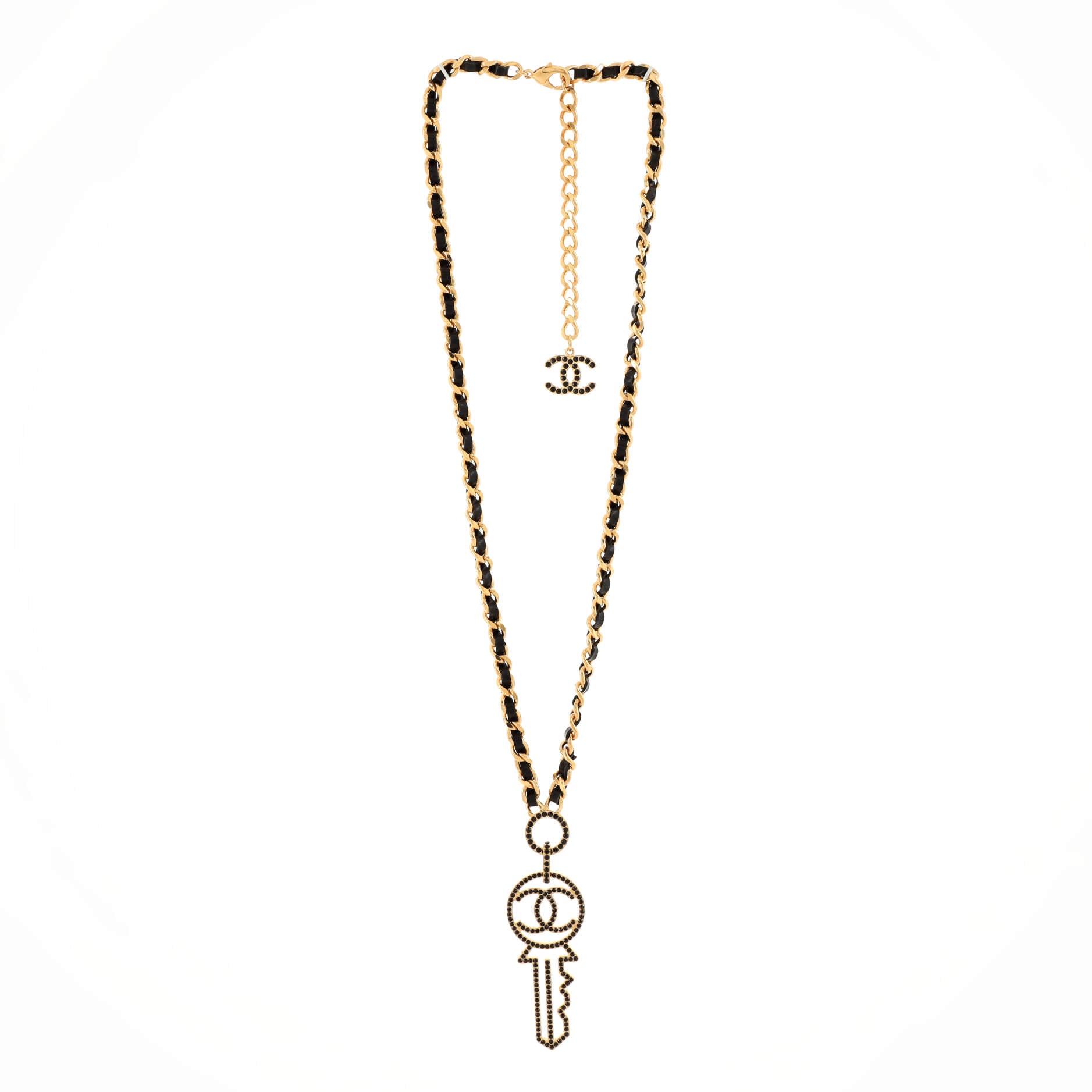 CC Key Pendant Necklace Metal with Leather and Crystals