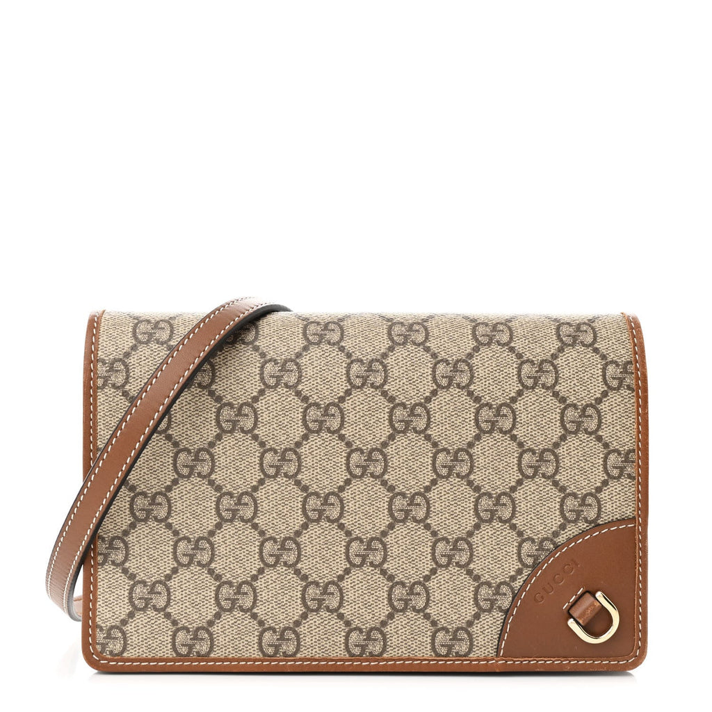 GG Supreme Monogram Textured Calfskin Emblem Super Mini Shoulder Bag Beige Dark Brown