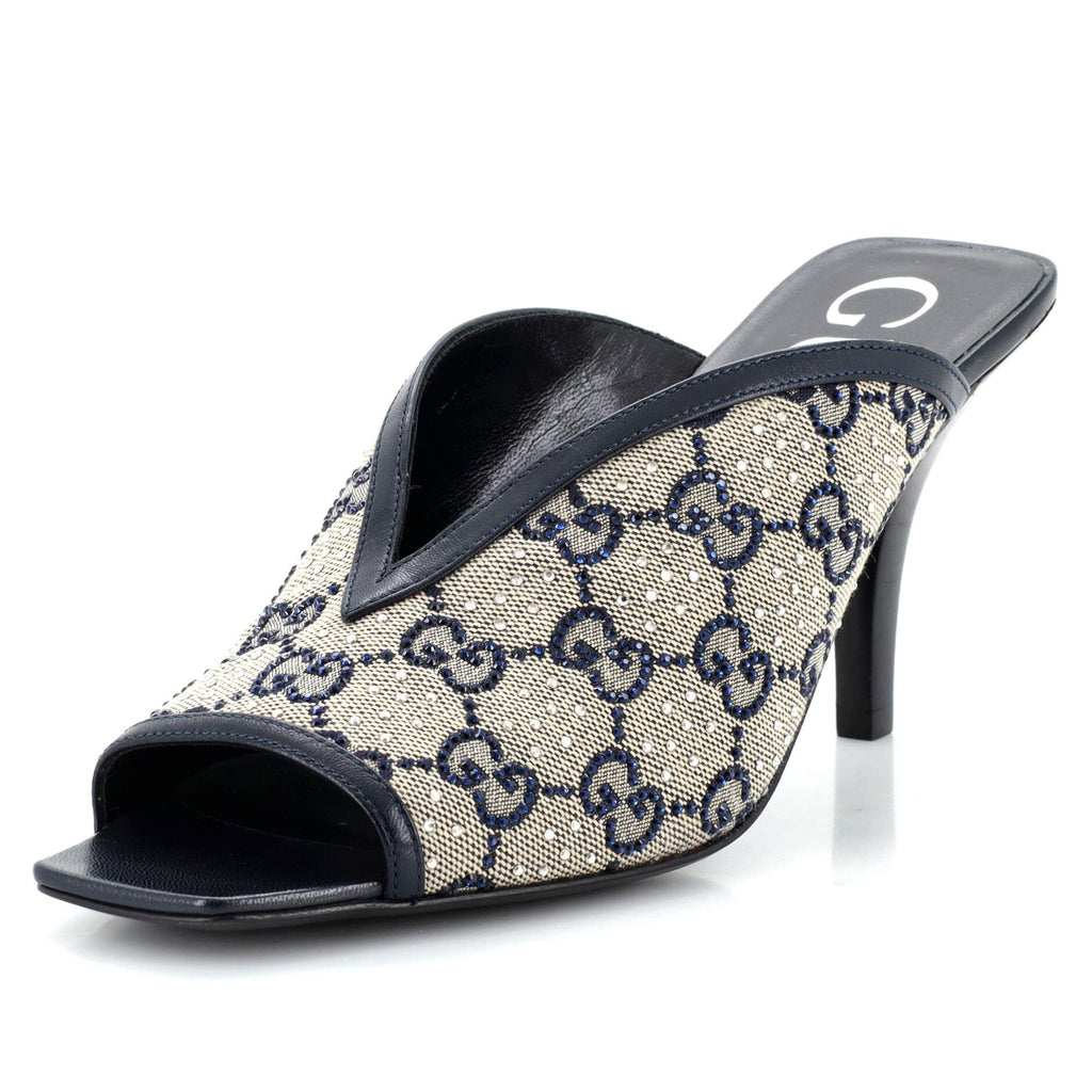 Women's Heeled Mule Sandals Crystal GG Embellished Canvas