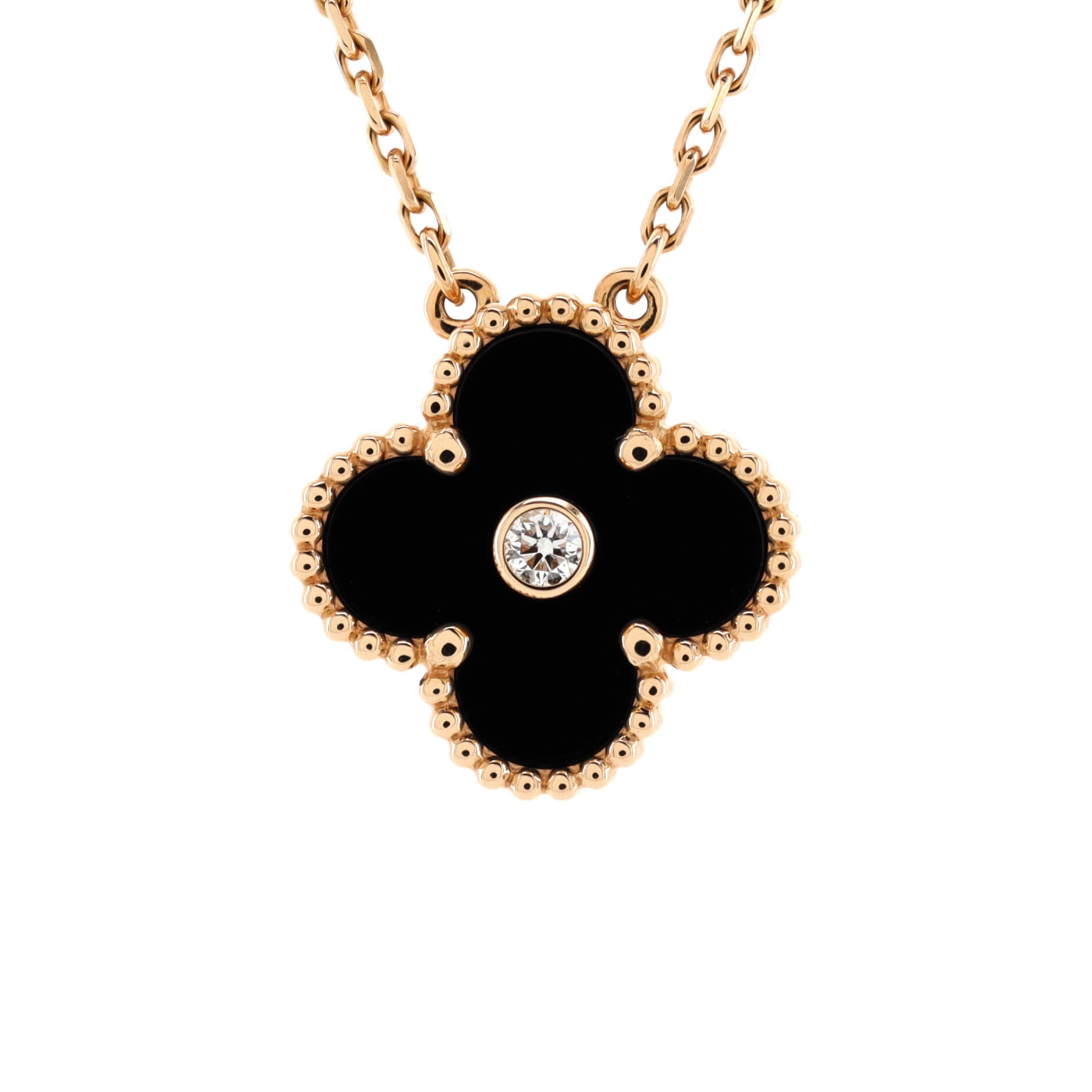 Vintage Alhambra Pendant Necklace 18K Rose Gold and Onyx with Diamond
