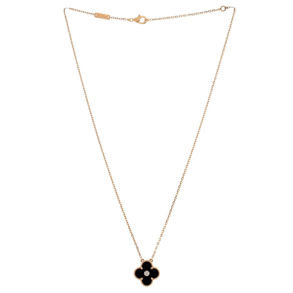 Vintage Alhambra Pendant Necklace 18K Rose Gold and Onyx with Diamond