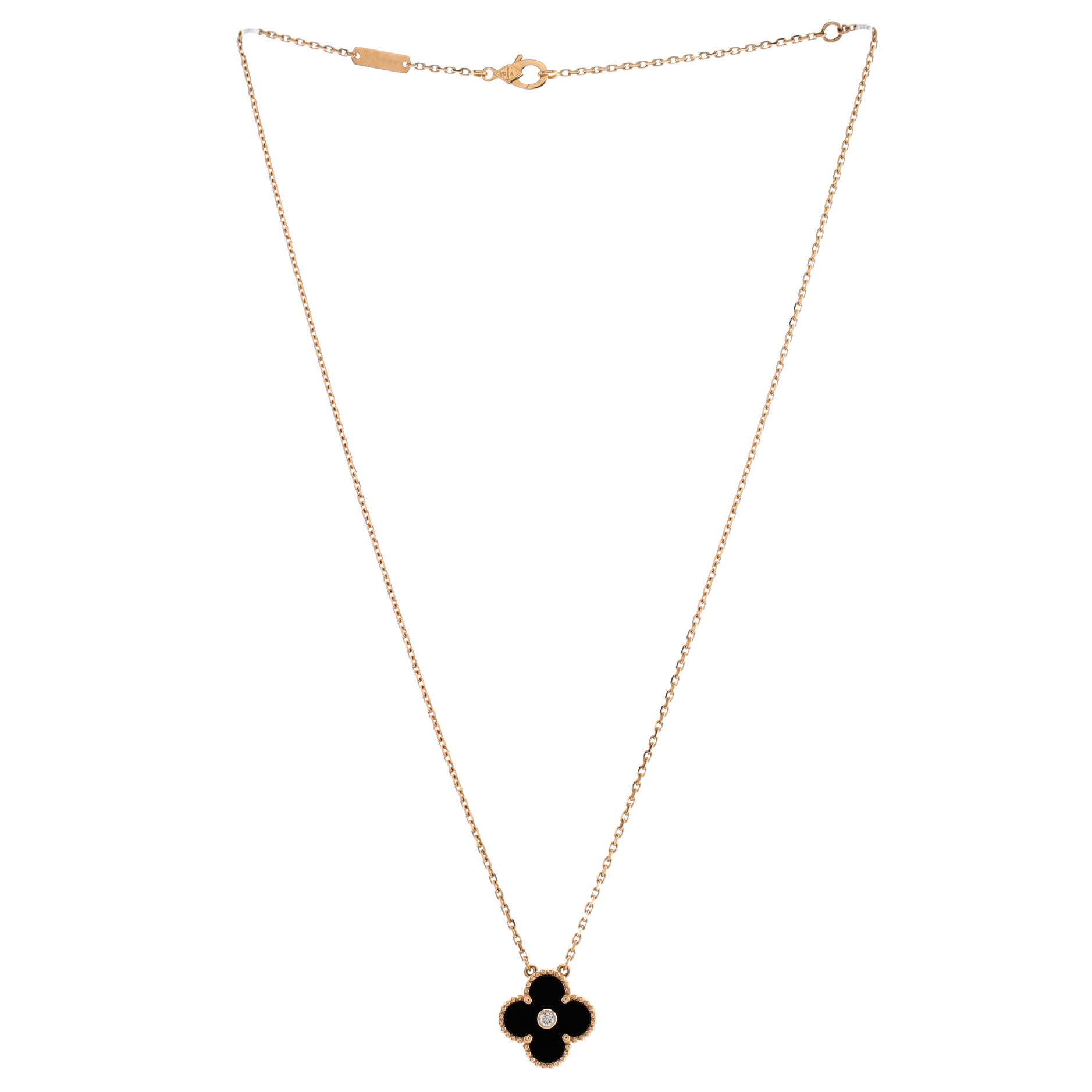 Vintage Alhambra Pendant Necklace 18K Rose Gold and Onyx with Diamond