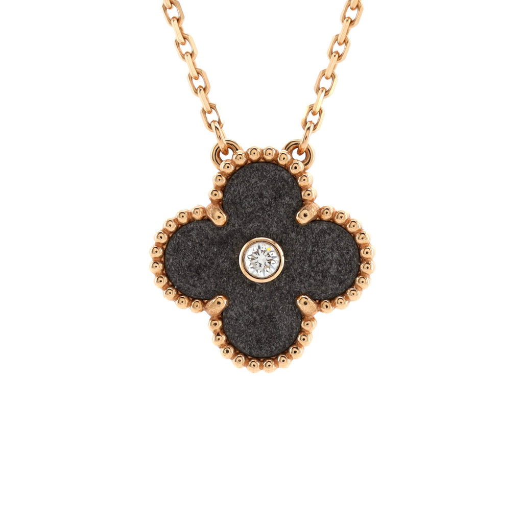 Vintage Alhambra Pendant Necklace 18K Rose Gold and Silver Obsidian with Diamond