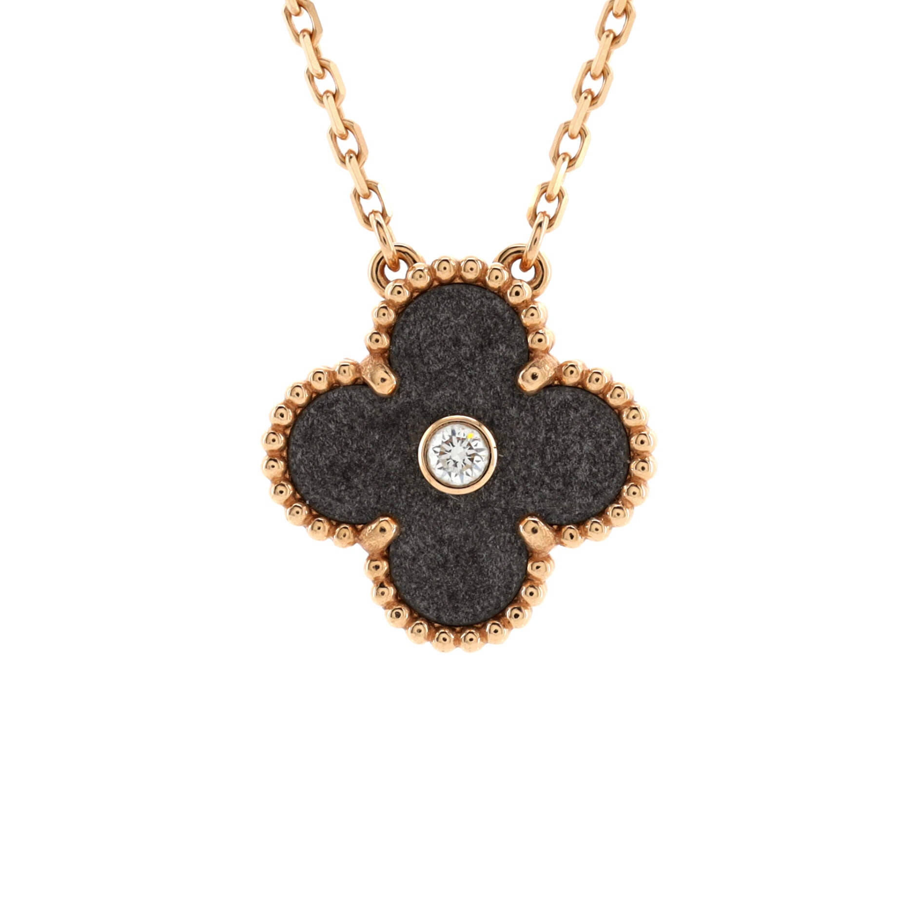 Vintage Alhambra Pendant Necklace 18K Rose Gold and Silver Obsidian with Diamond