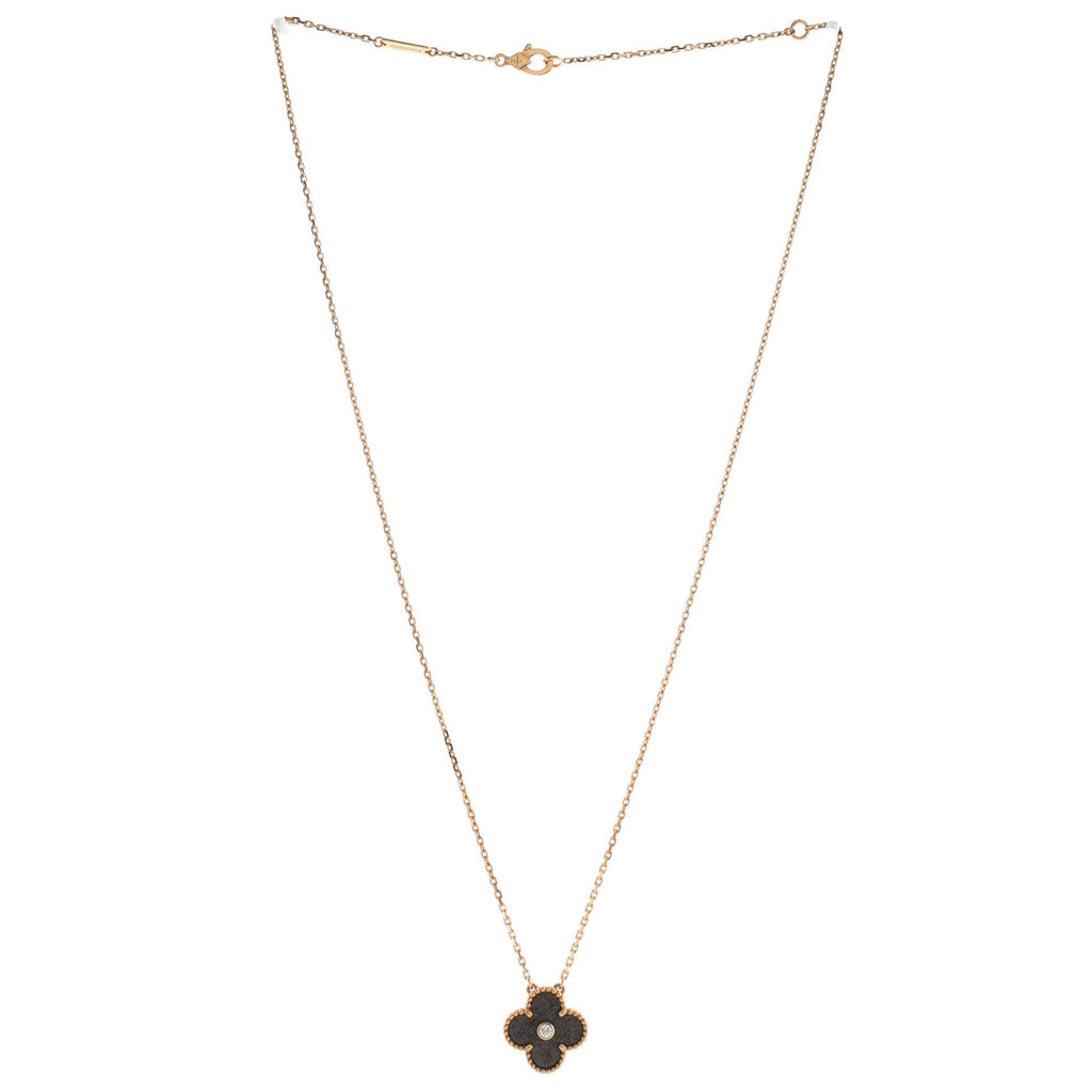 Vintage Alhambra Pendant Necklace 18K Rose Gold and Silver Obsidian with Diamond