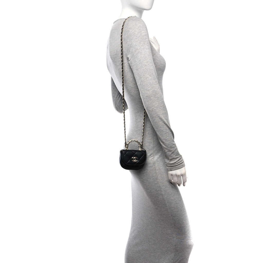 Lambskin Quilted Pearl Top Handle Clutch With Chain Black