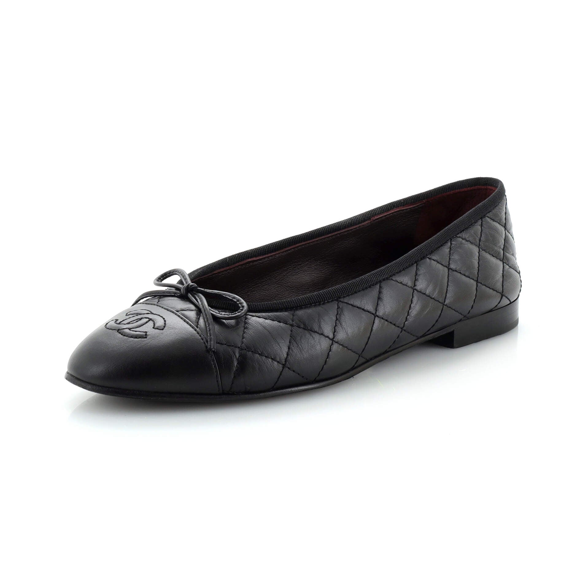 Women's CC Cap Toe Bow Ballerina Flats Quilted Leather