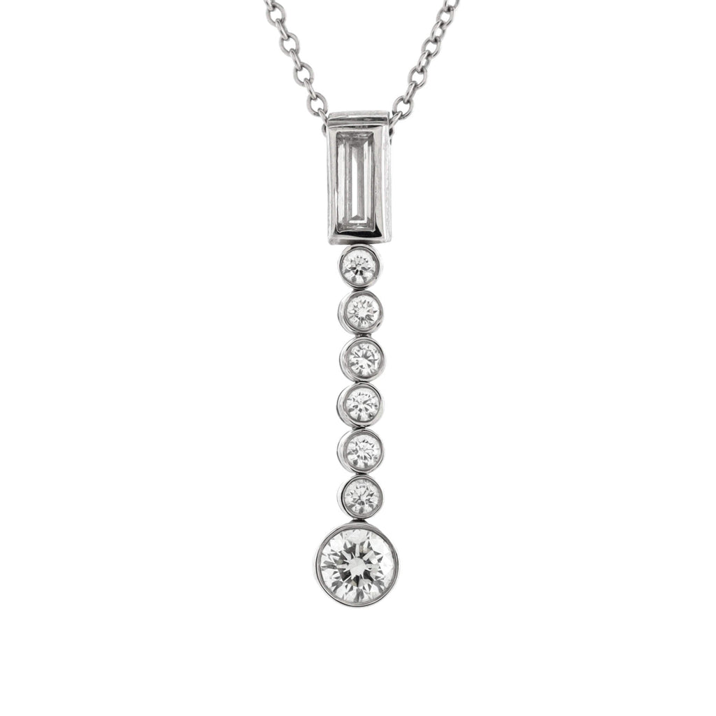 Jazz Drop Pendant Necklace Platinum with One Baguette and Seven Round Diamonds