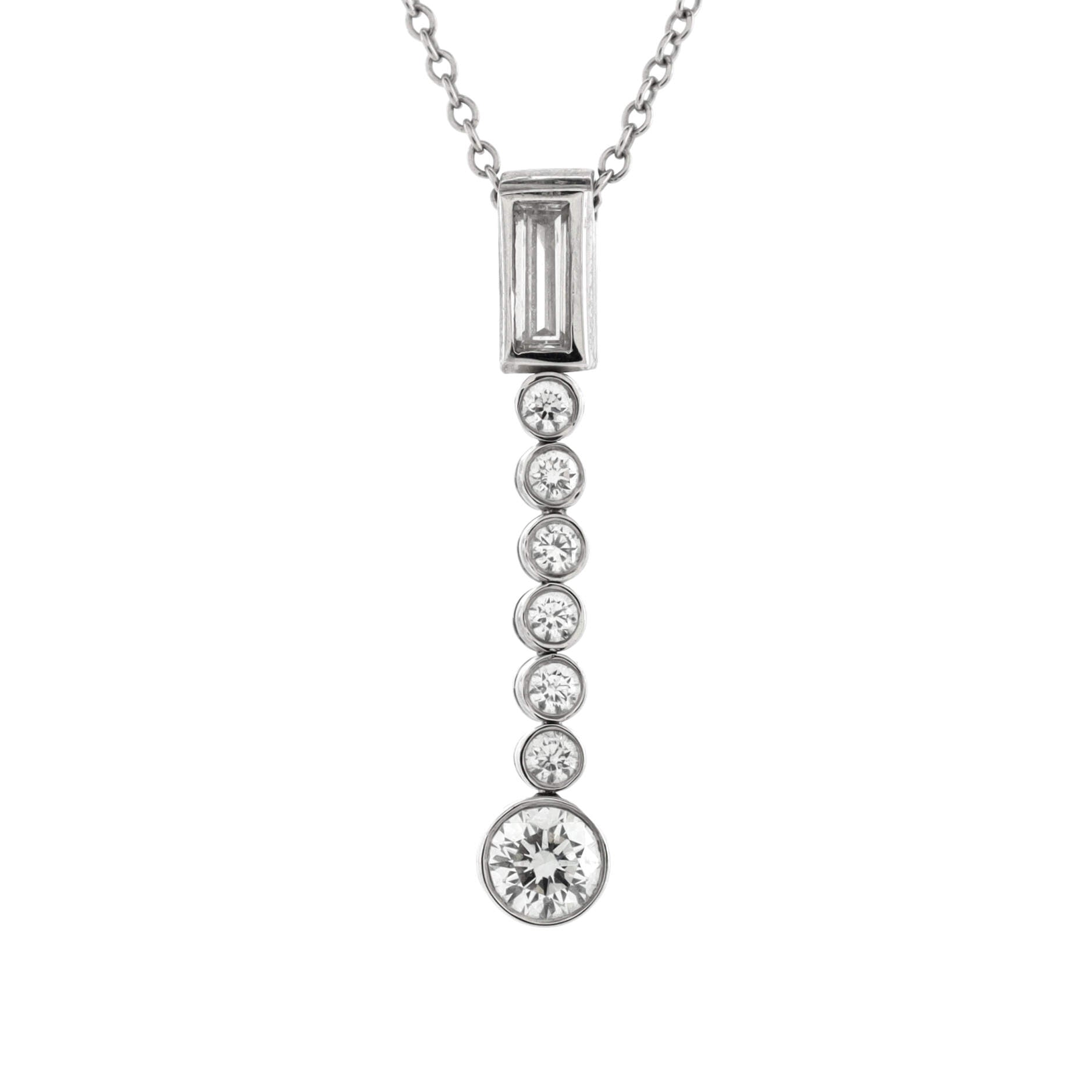 Jazz Drop Pendant Necklace Platinum with One Baguette and Seven Round Diamonds