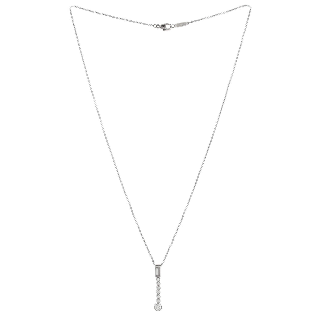 Jazz Drop Pendant Necklace Platinum with One Baguette and Seven Round Diamonds