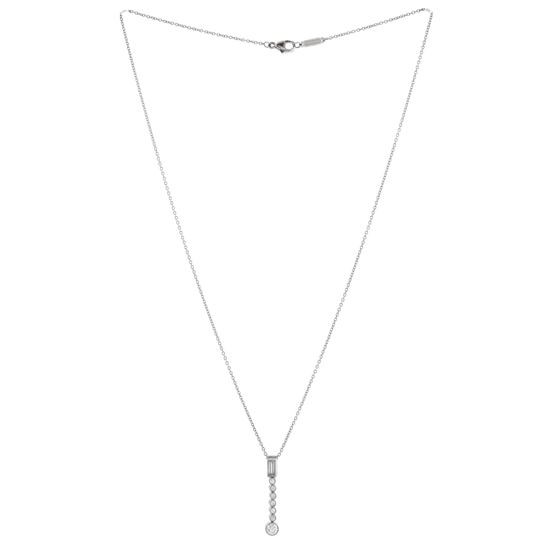 Jazz Drop Pendant Necklace Platinum with One Baguette and Seven Round Diamonds