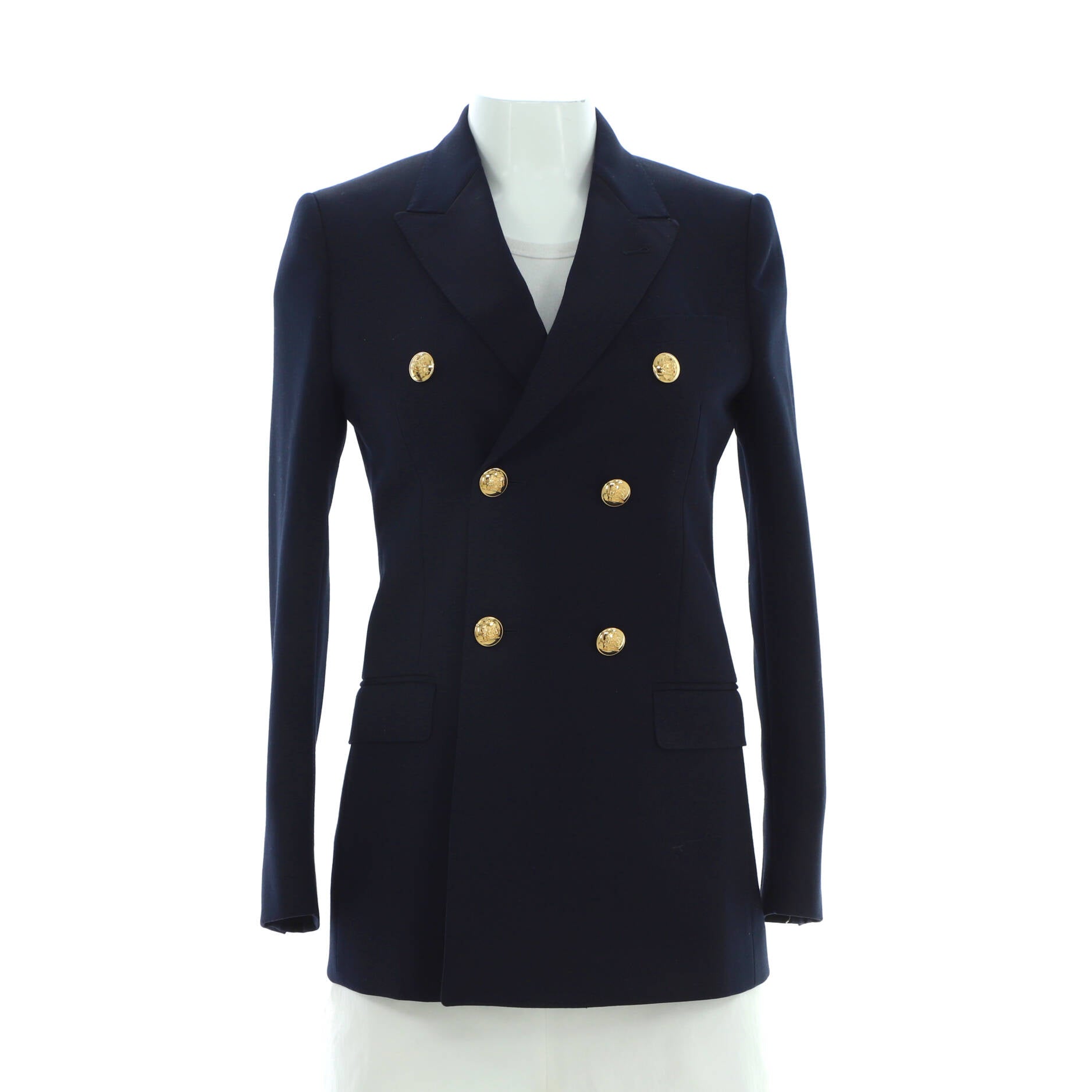 Women's 6 Button Peak Collar Long Blazer Jacket Diagonal Wool
