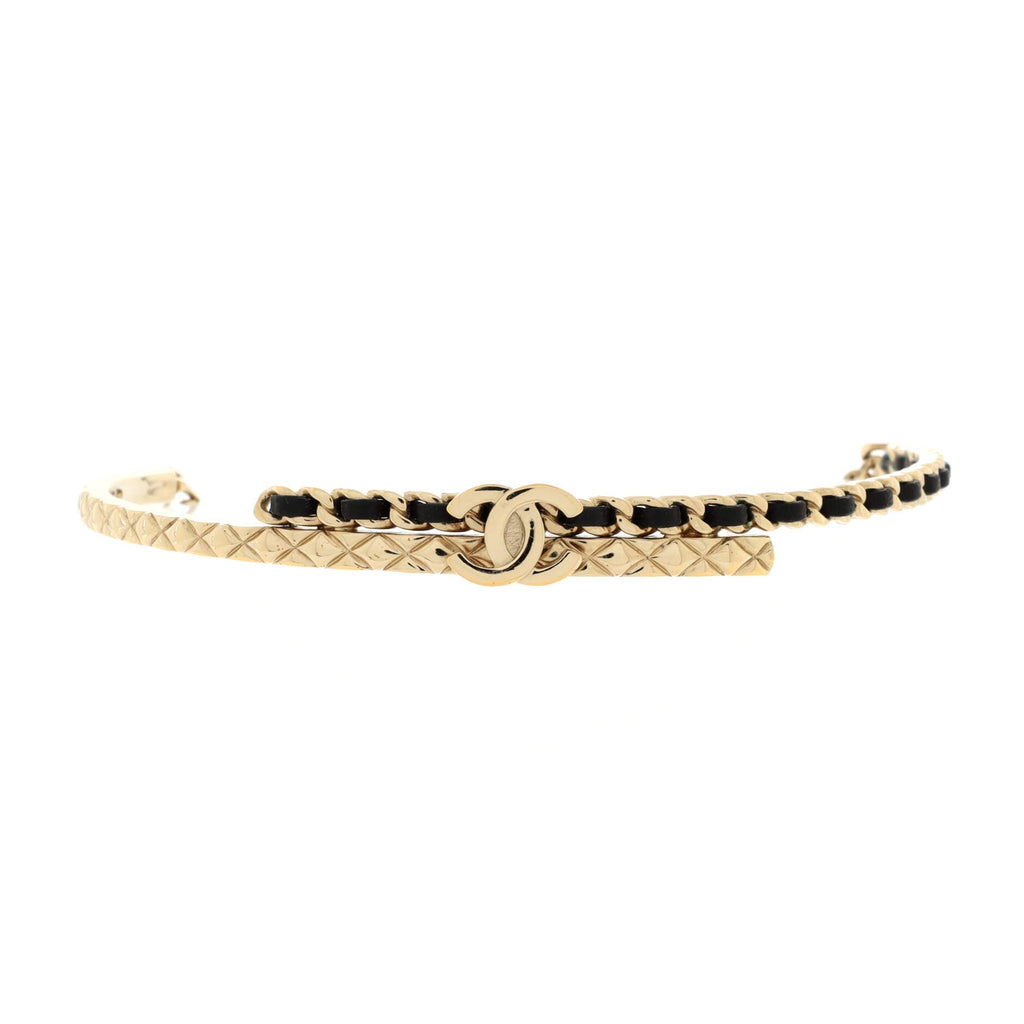 CC Woven Chain Choker Necklace Quilted Metal and Leather