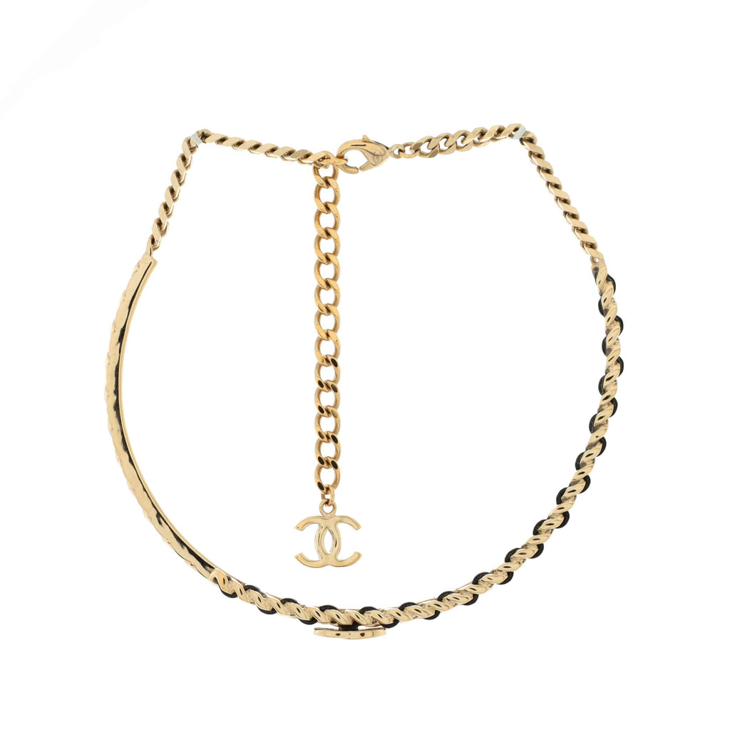 CC Woven Chain Choker Necklace Quilted Metal and Leather