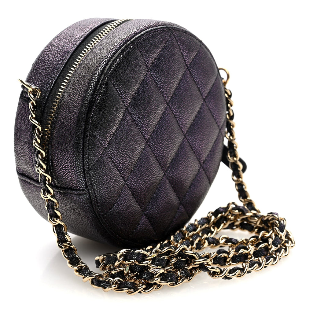 Iridescent Caviar Quilted Round Clutch With Chain Black