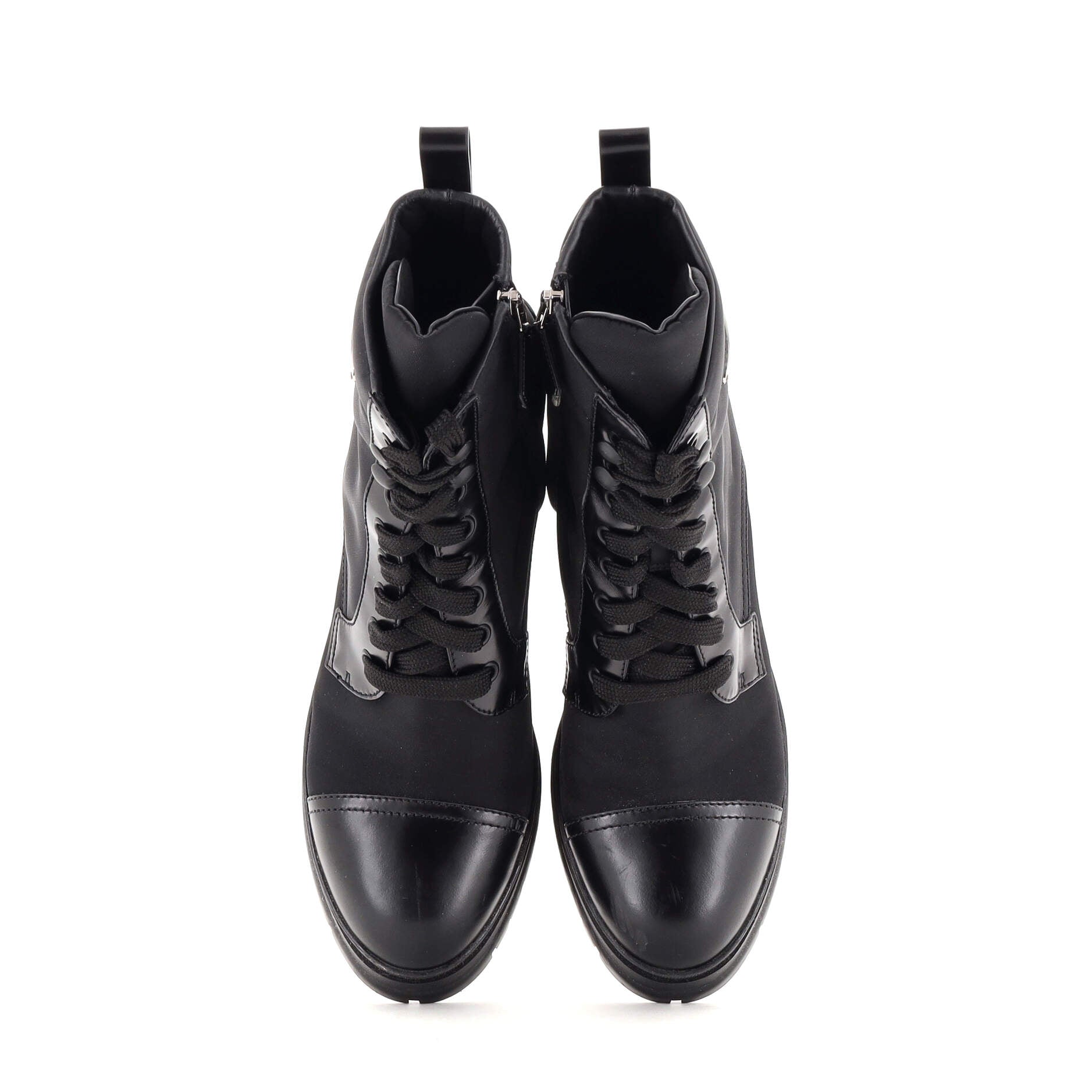 Women's Triangle Logo Heeled Ankle Boots Nylon and Leather