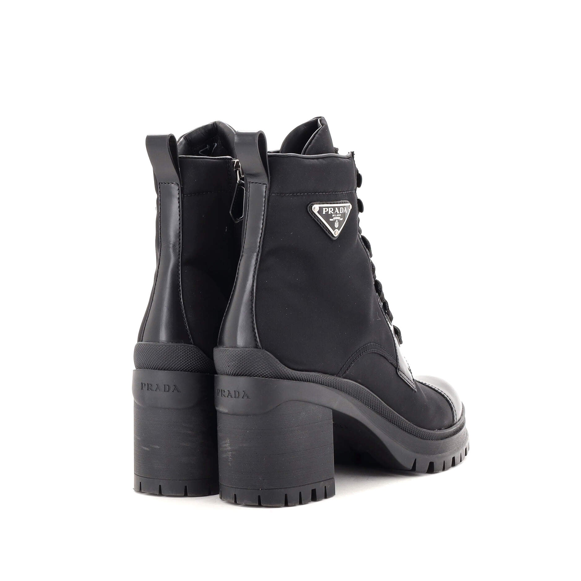 Women's Triangle Logo Heeled Ankle Boots Nylon and Leather