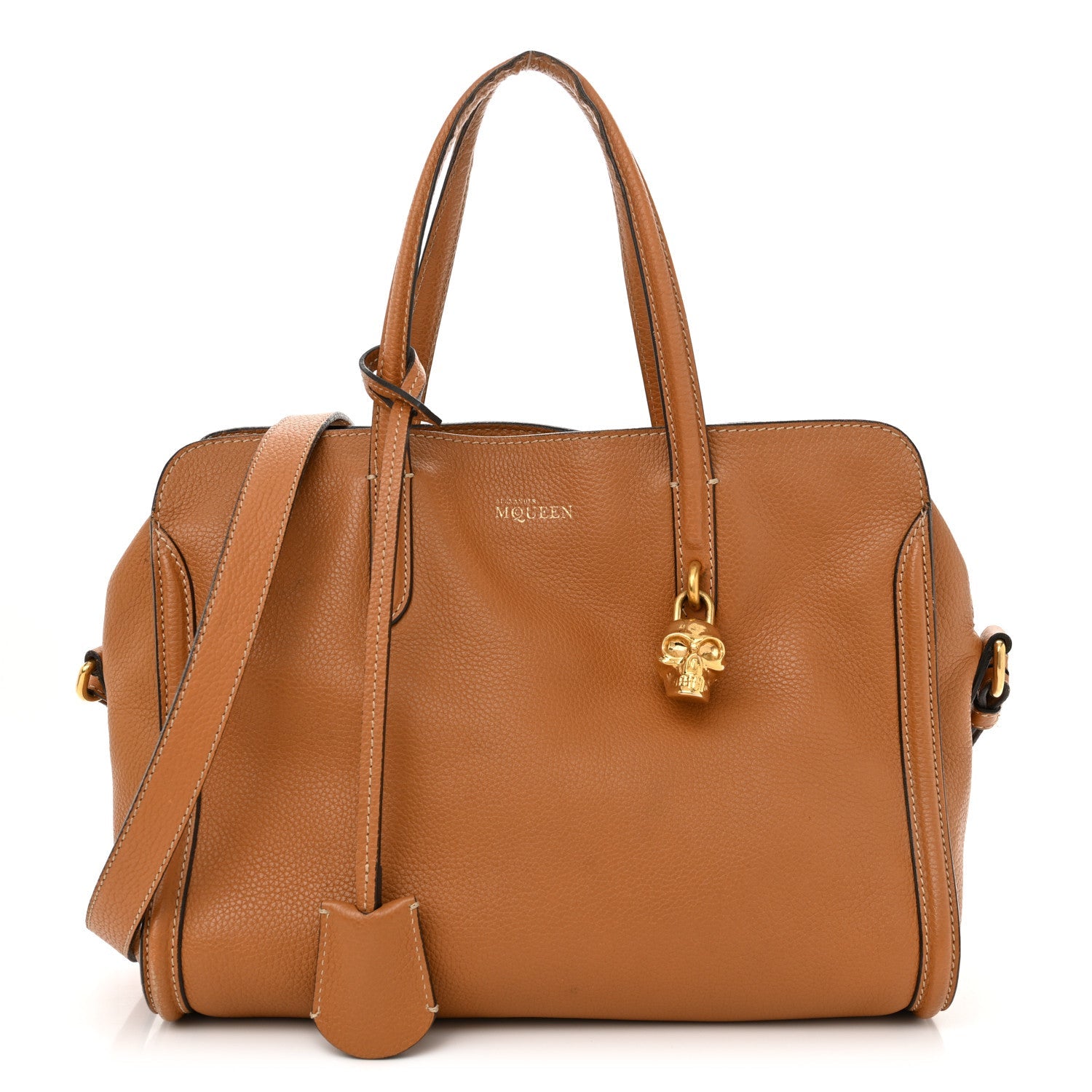 Pebbled Calfskin Small Skull Padlock Zip Around Tote Cognac