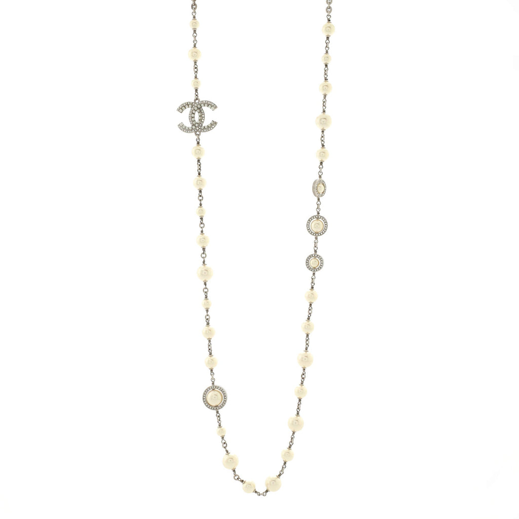 CC Station Long Necklace Metal with Faux Pearls and Crystals