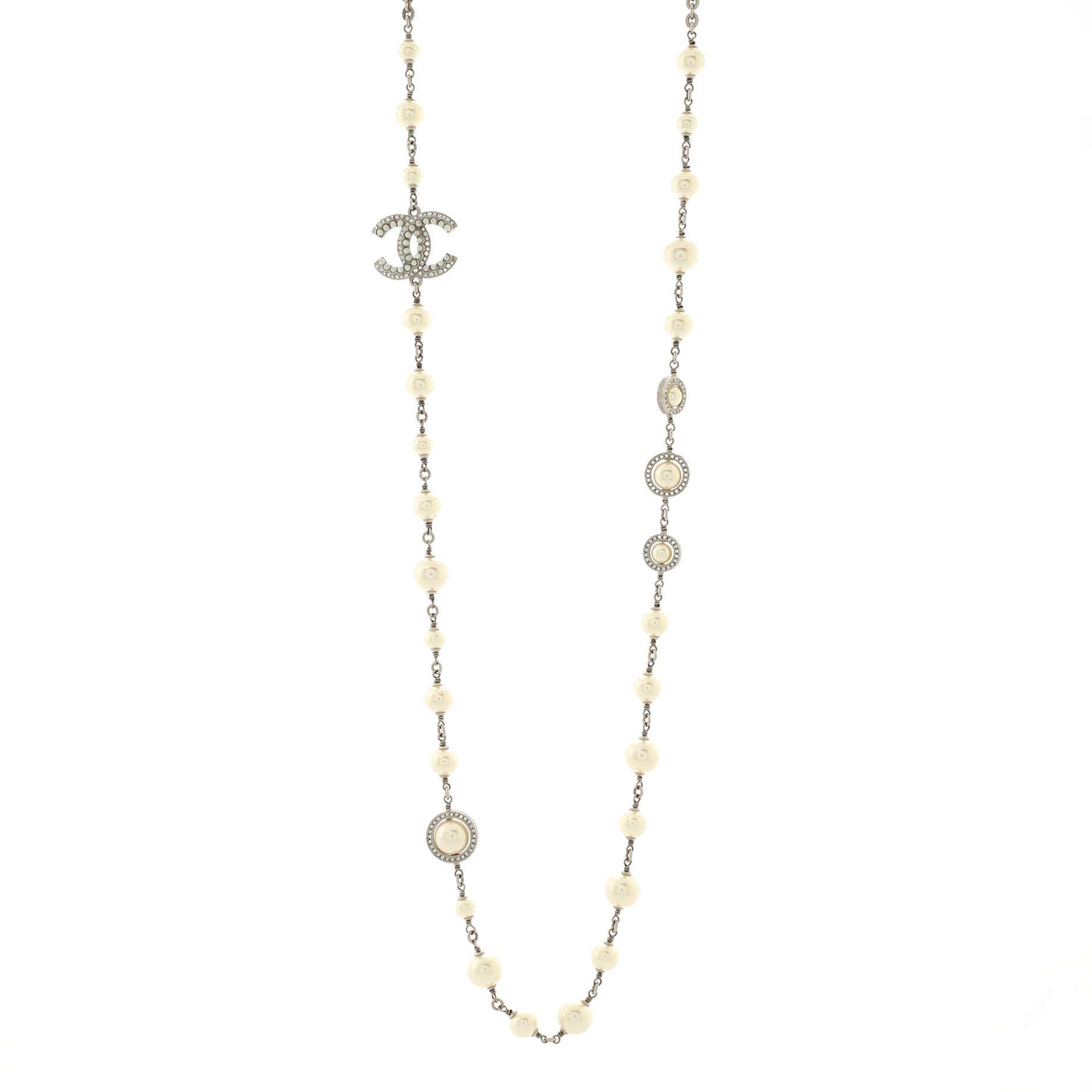 CC Station Long Necklace Metal with Faux Pearls and Crystals