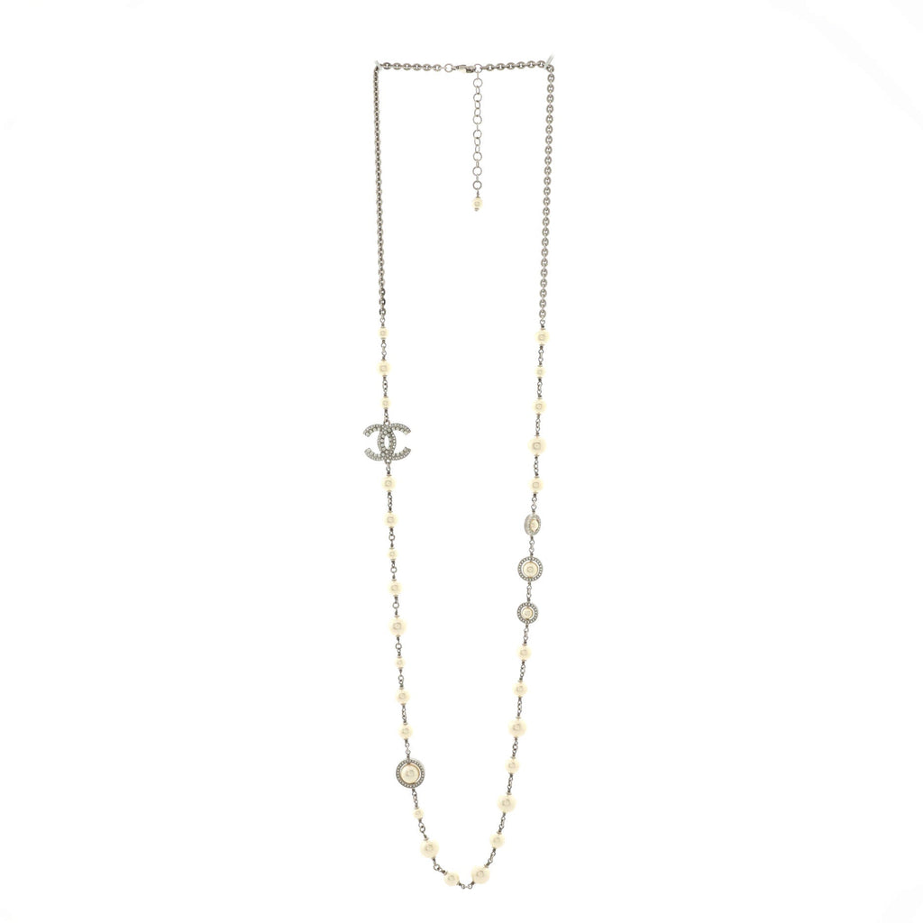 CC Station Long Necklace Metal with Faux Pearls and Crystals