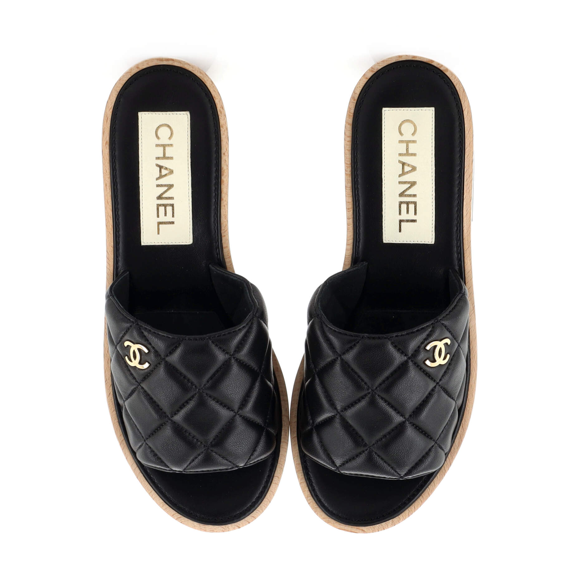 Women's Open Toe Platform Sandals Quilted Leather and Wood