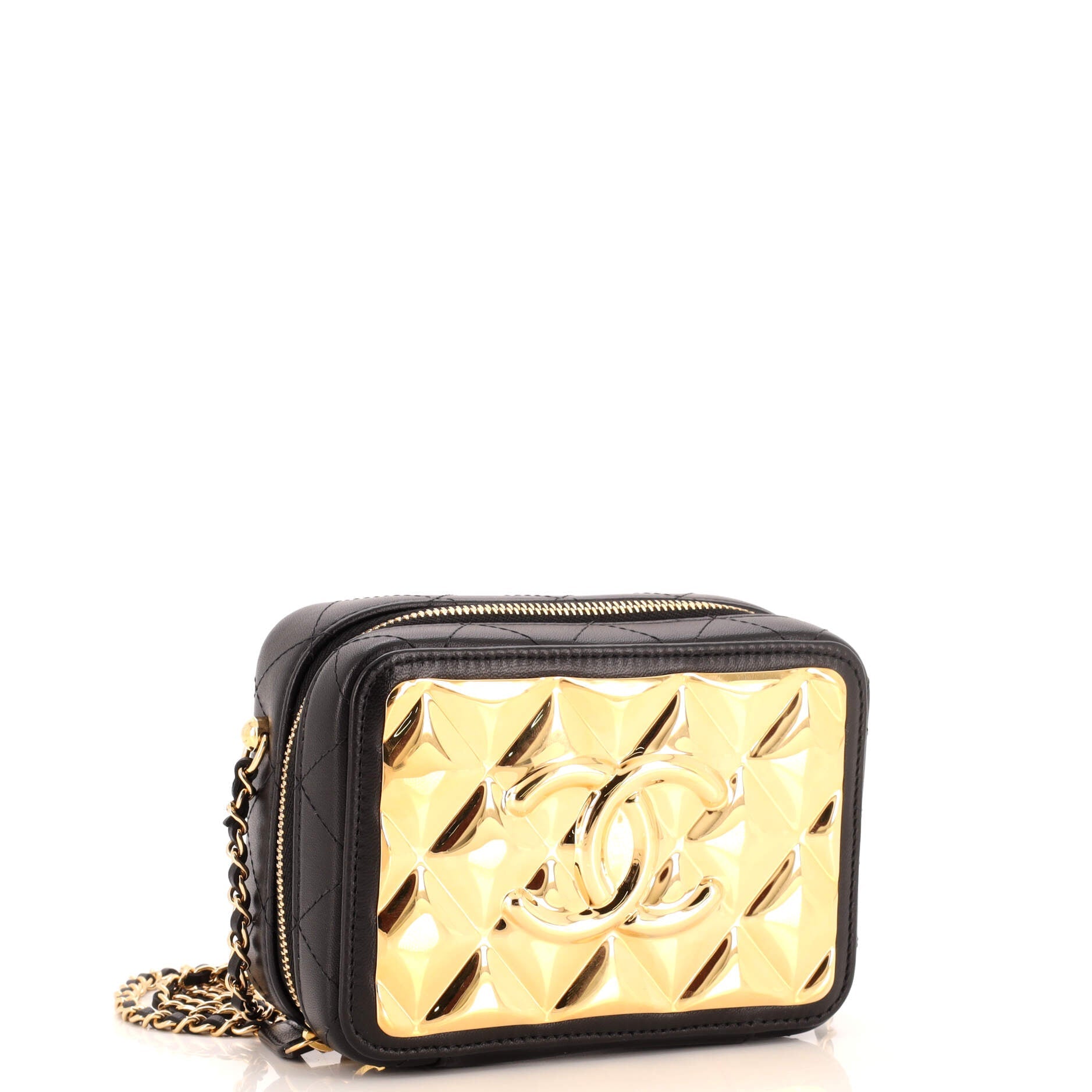 Golden Plate Zip Around Vanity Case with Chain Quilted Metal and Lambskin Mini