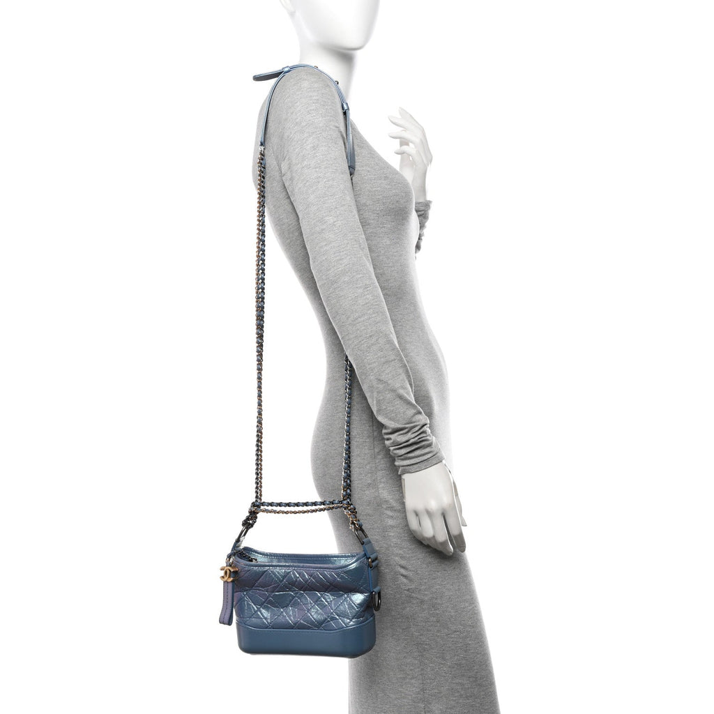 Iridescent Aged Calfskin Quilted Small Gabrielle Hobo Blue