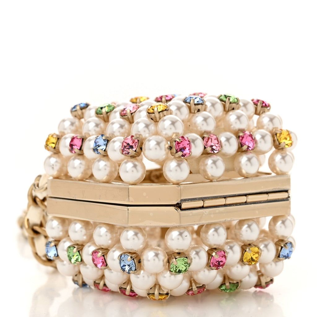 Metal Pearl Minaudiere CC Mini Evening Bag White Gold Multicolor