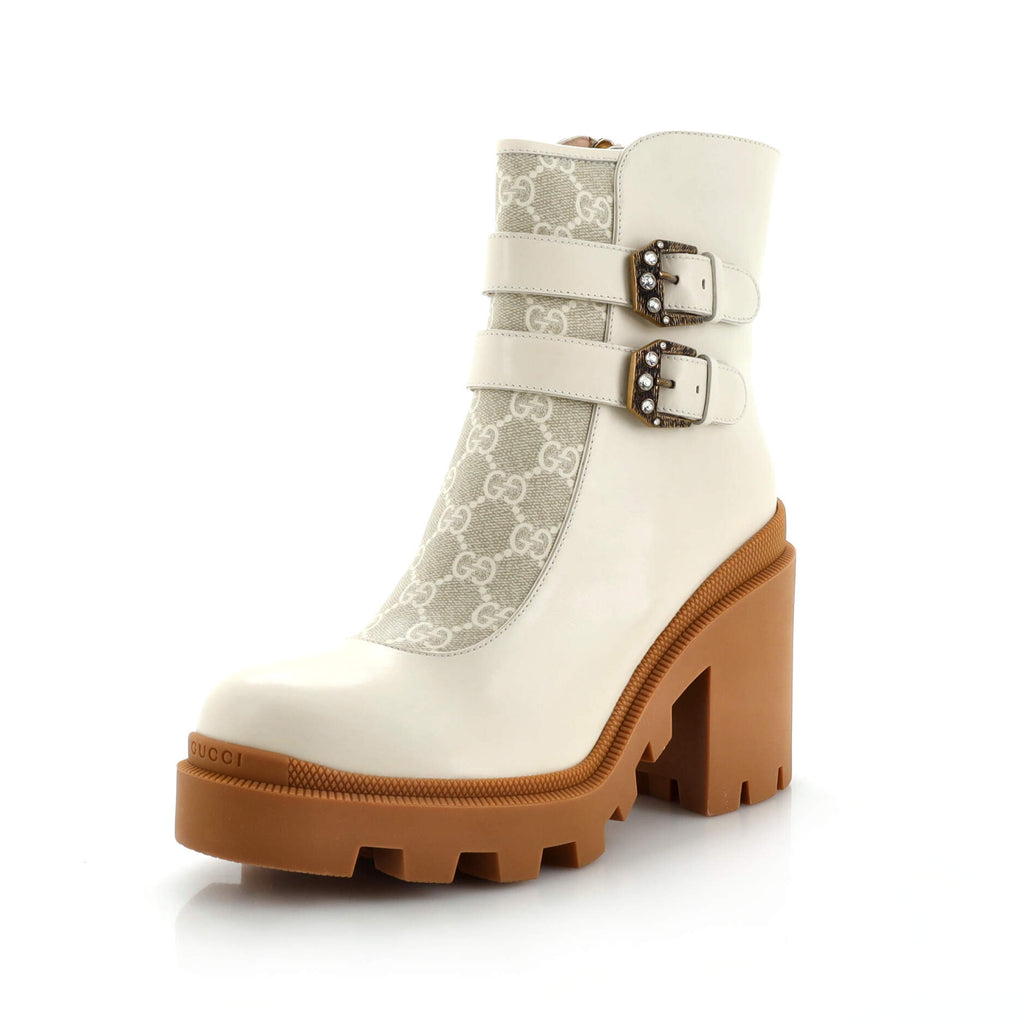 Women's Double Buckle Lug Sole Ankle Boots Leather with GG Coated Canvas