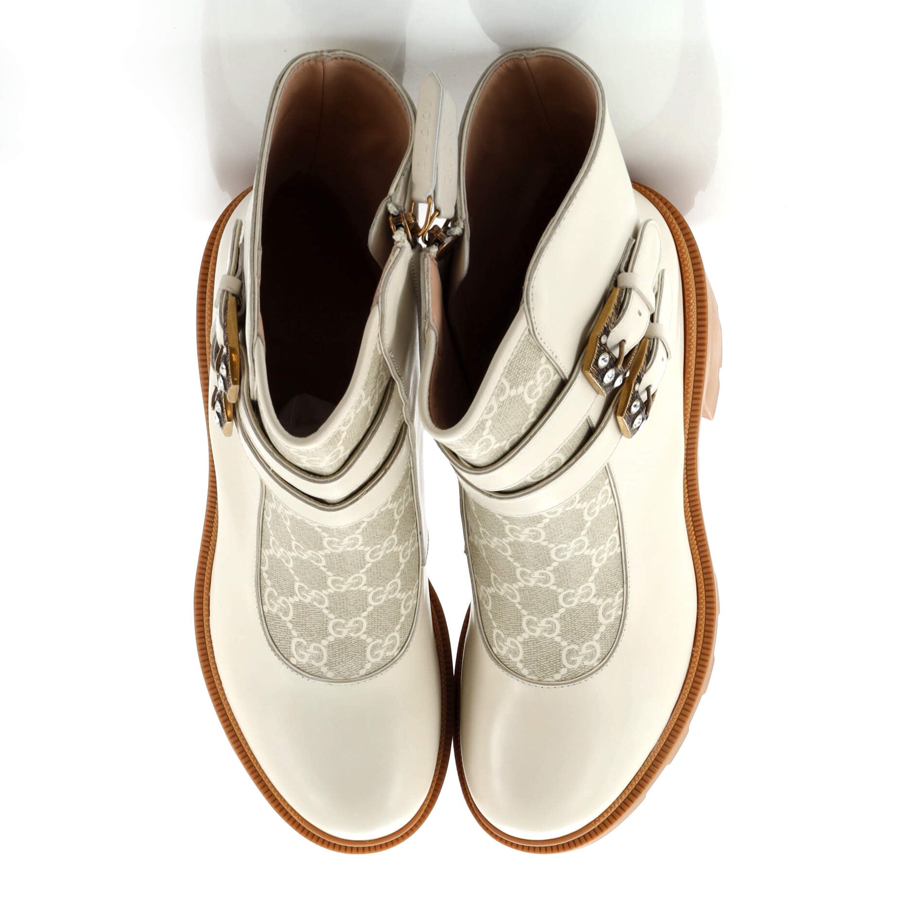 Women's Double Buckle Lug Sole Ankle Boots Leather with GG Coated Canvas