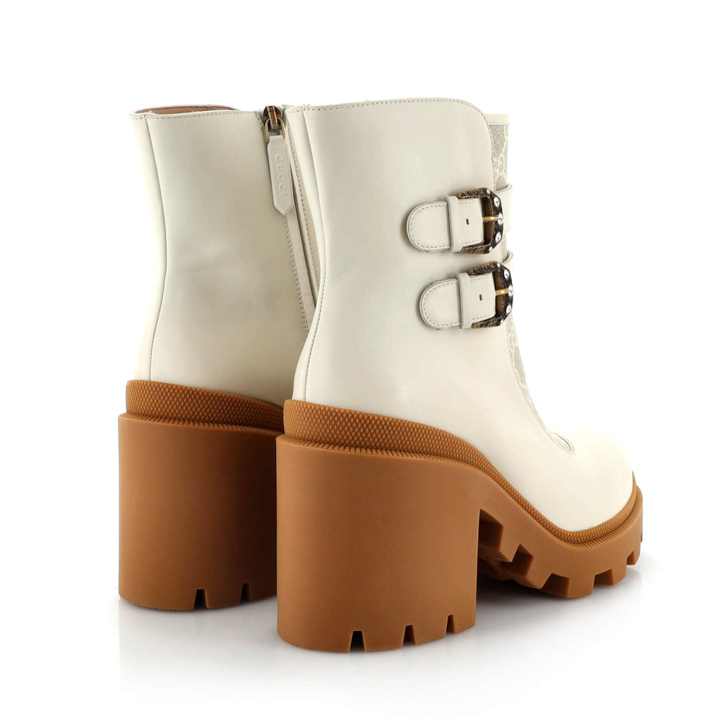 Women's Double Buckle Lug Sole Ankle Boots Leather with GG Coated Canvas