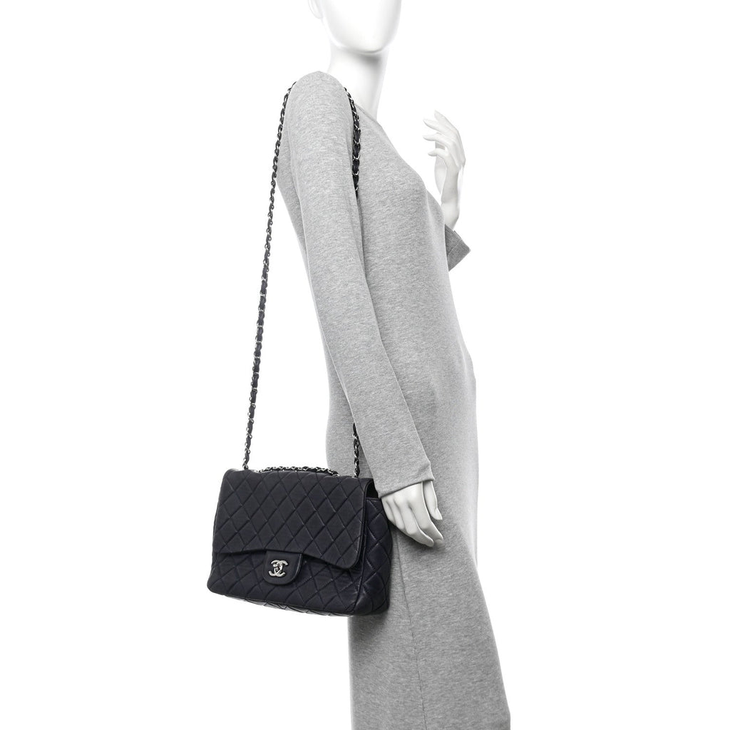 Lambskin Quilted Jumbo Single Flap Navy