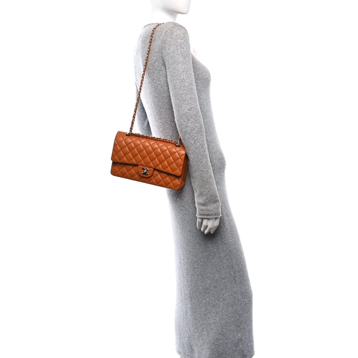 Caviar Quilted Medium Double Flap Light Brown