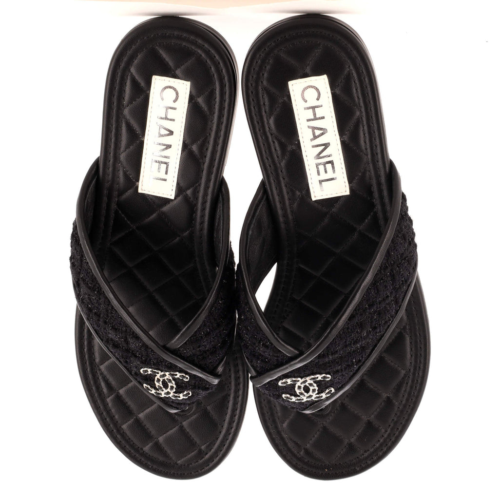 Women's CC Logo Thong Sandals Tweed and Leather