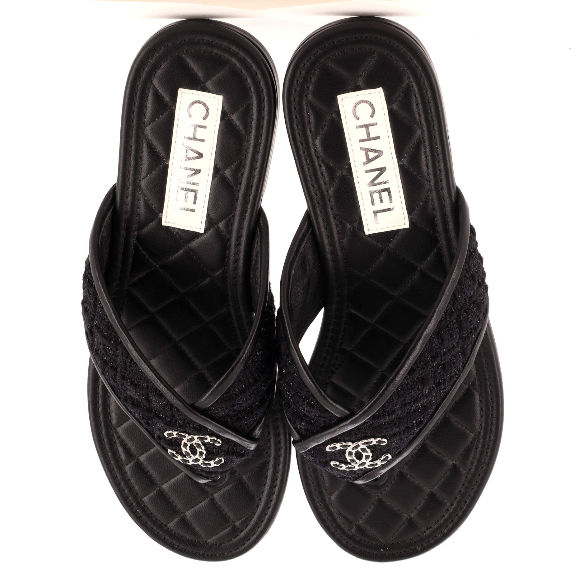 Women's CC Logo Thong Sandals Tweed and Leather