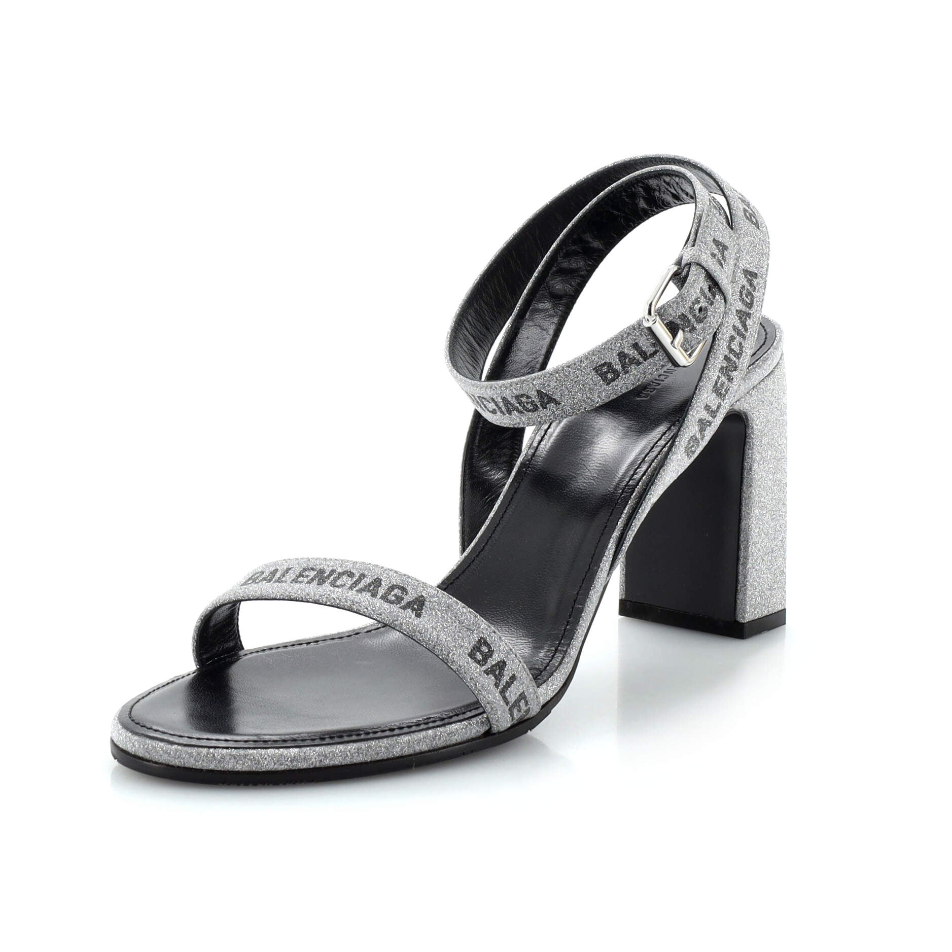 Women's Allover Logo Ankle Strap Heeled Sandals Glitter