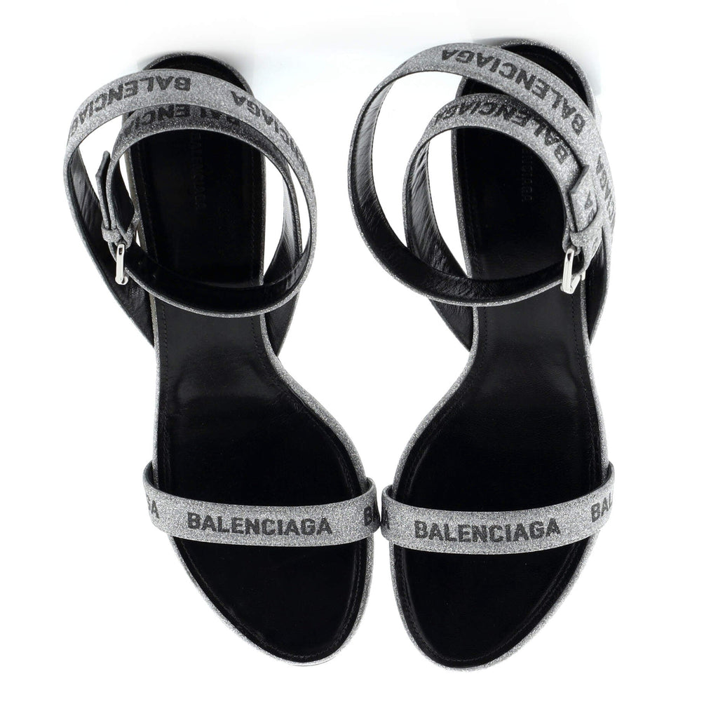 Women's Allover Logo Ankle Strap Heeled Sandals Glitter
