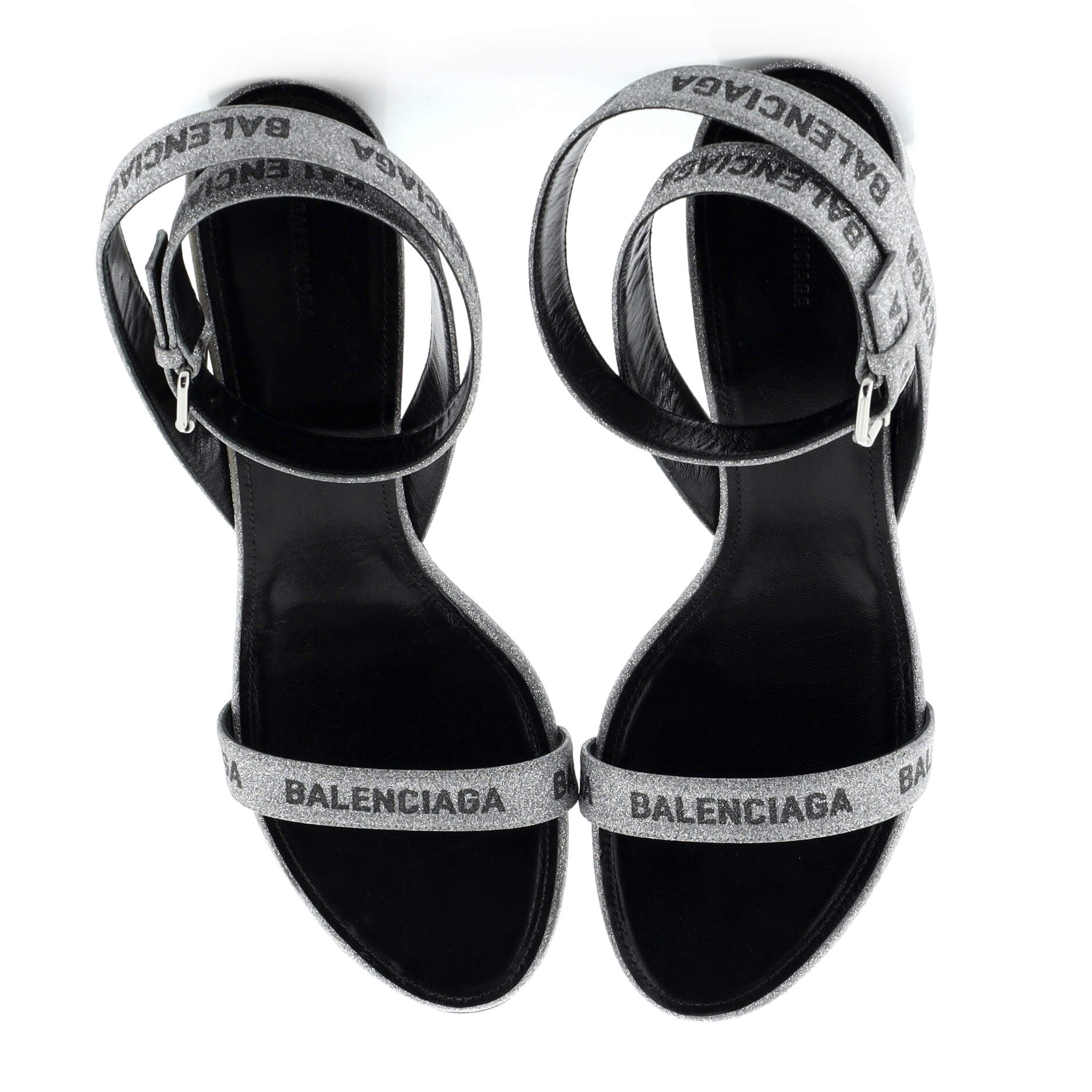 Women's Allover Logo Ankle Strap Heeled Sandals Glitter