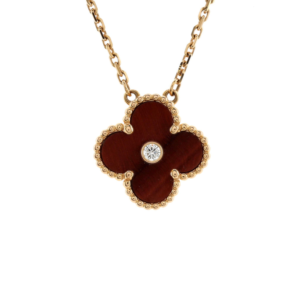 Vintage Alhambra Pendant Necklace 18K Rose Gold and Tiger Eye with Diamond