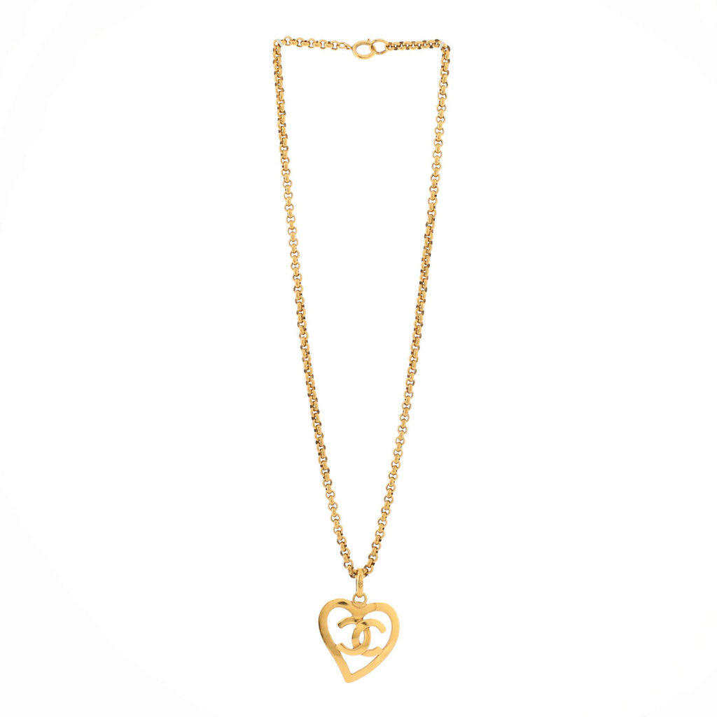 Vintage CC Heart Pendant Long Necklace Metal