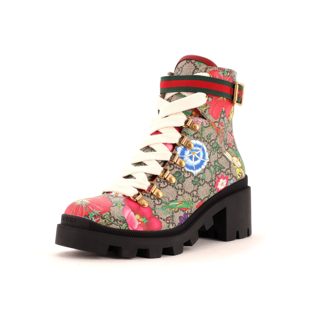 Women's Heeled Lace Up Combat Ankle Boots Flora GG Coated Canvas