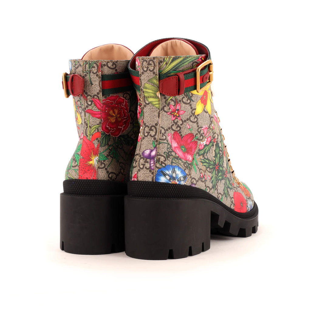 Women's Heeled Lace Up Combat Ankle Boots Flora GG Coated Canvas