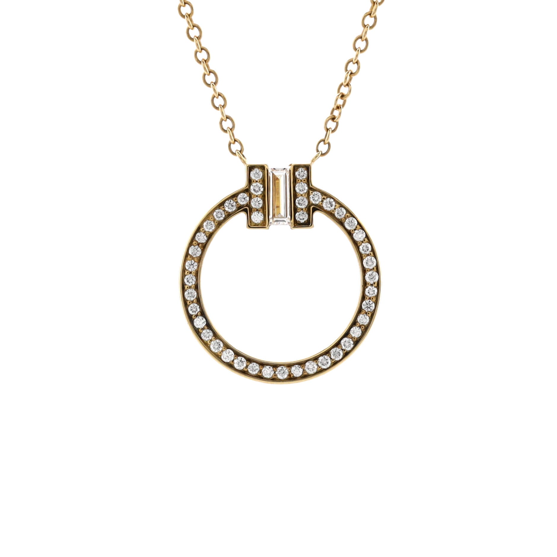 T Circle Pendant Necklace 18K Yellow Gold with Diamonds and Center Baguette Diamond Small