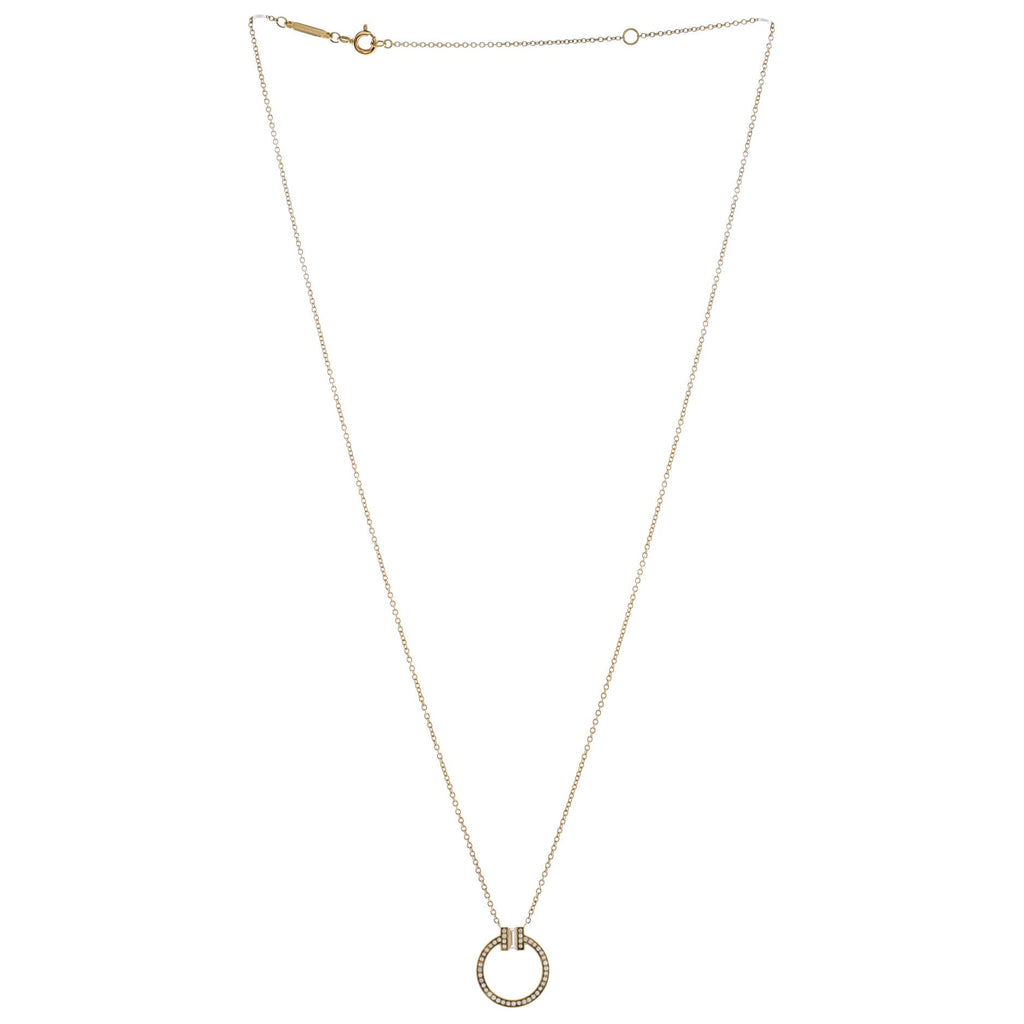 T Circle Pendant Necklace 18K Yellow Gold with Diamonds and Center Baguette Diamond Small