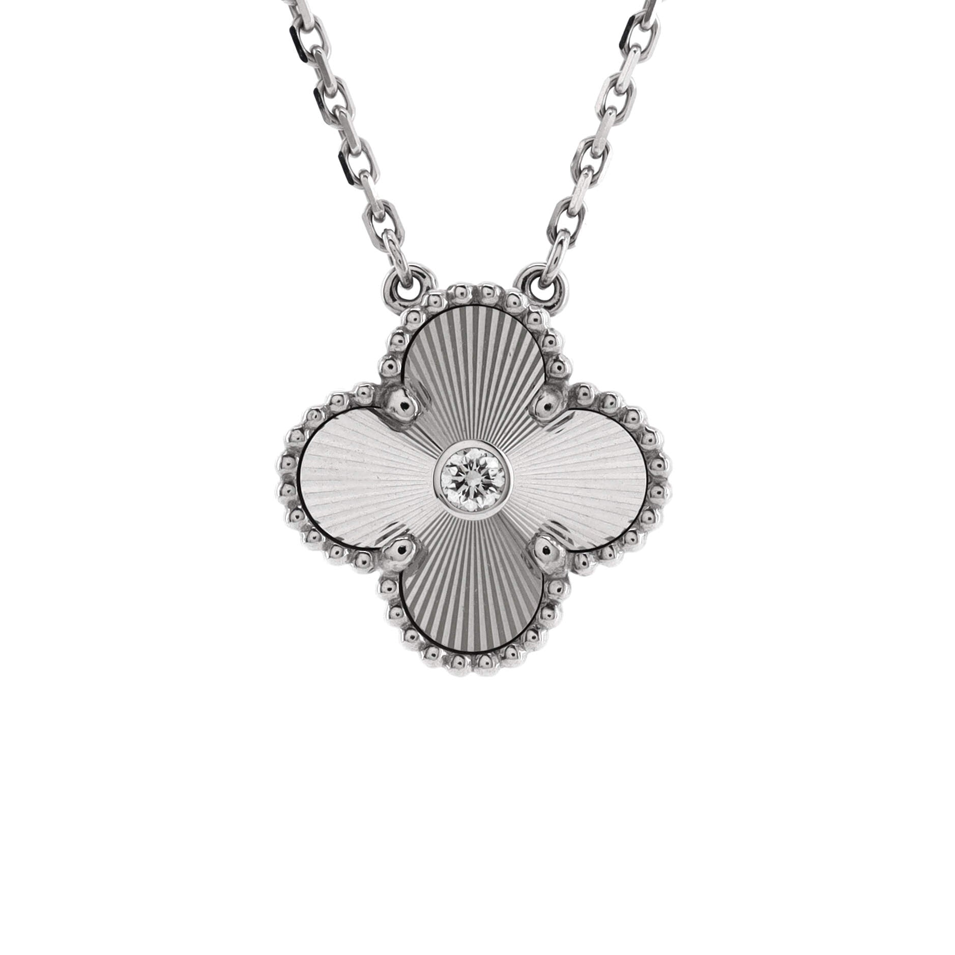 Vintage Alhambra Pendant Necklace Guilloche 18K White Gold with Diamond