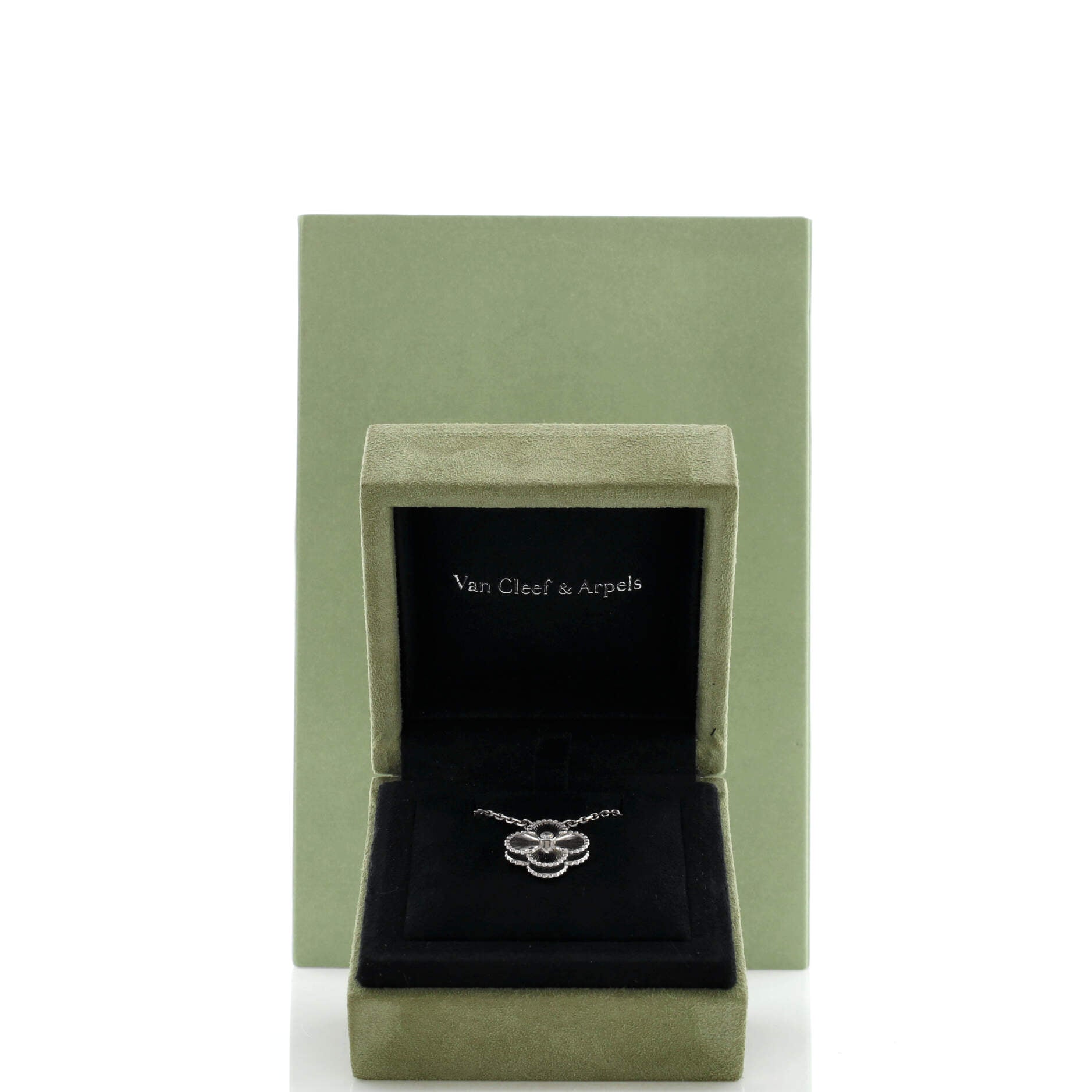 Vintage Alhambra Pendant Necklace Guilloche 18K White Gold with Diamond