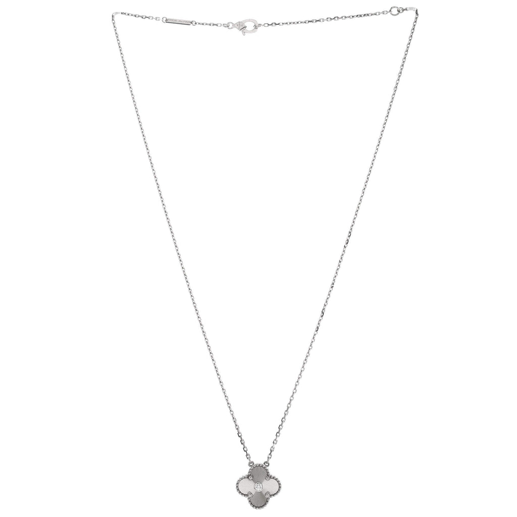 Vintage Alhambra Pendant Necklace Guilloche 18K White Gold with Diamond