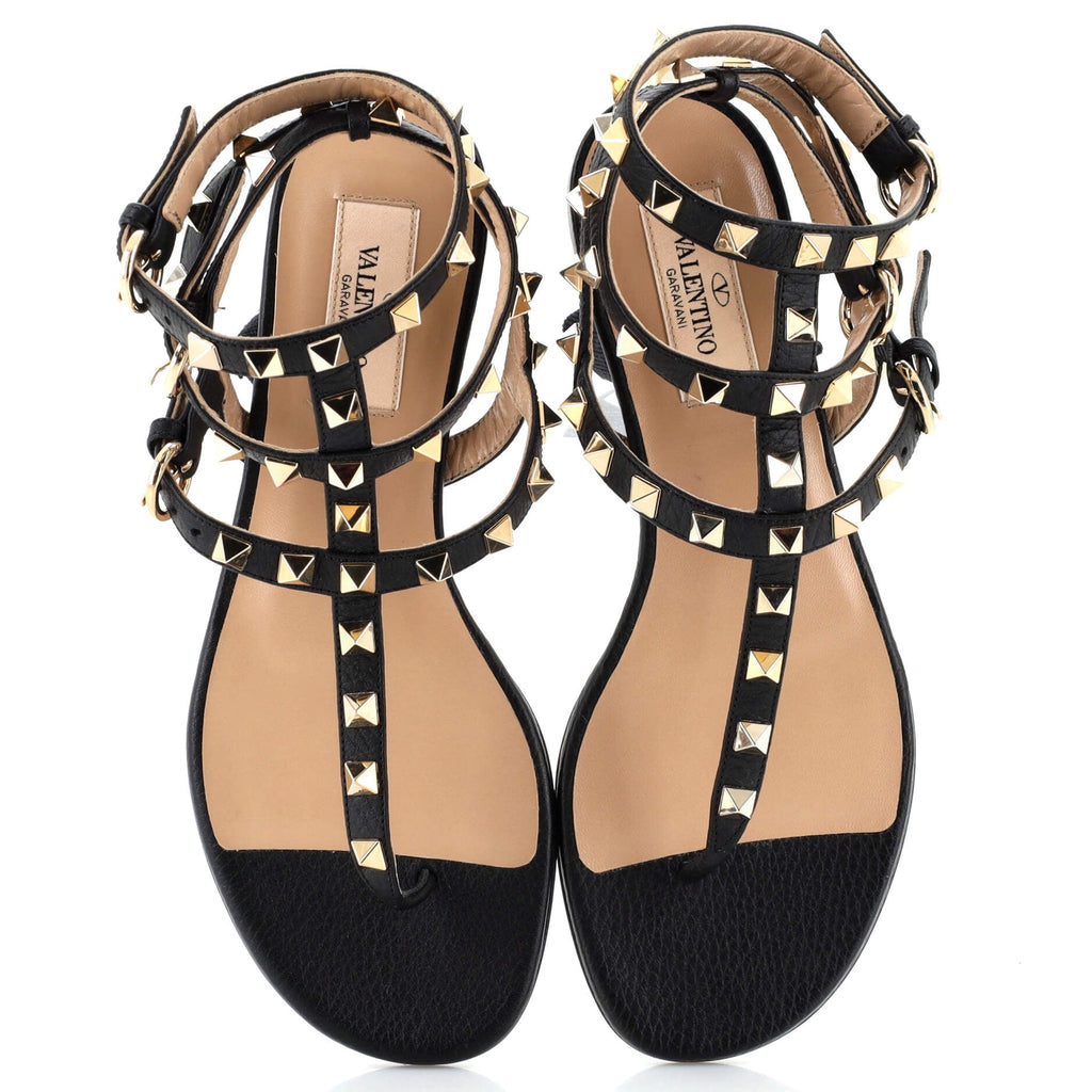 Women's Rockstud Ankle Wrap Flat Thong Sandals Leather
